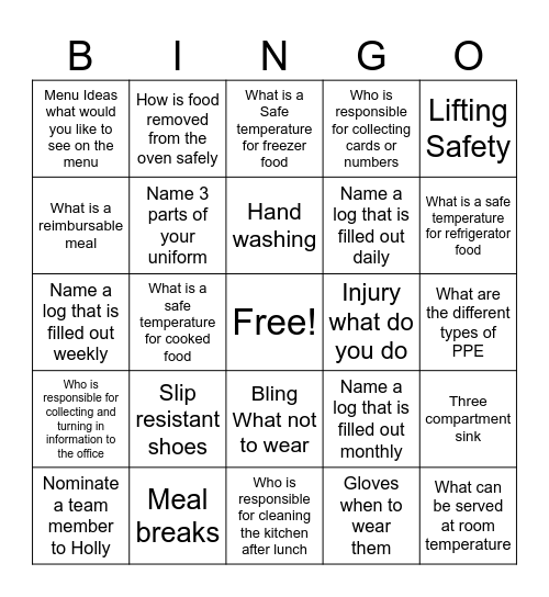 Safety  Bingo Card