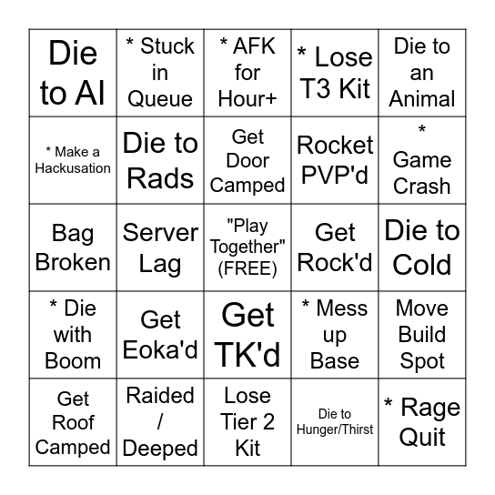 Wipe Day Bingo (* Applies to Team) Bingo Card