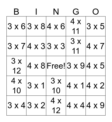 3 and 4 Multiplication Bingo Card