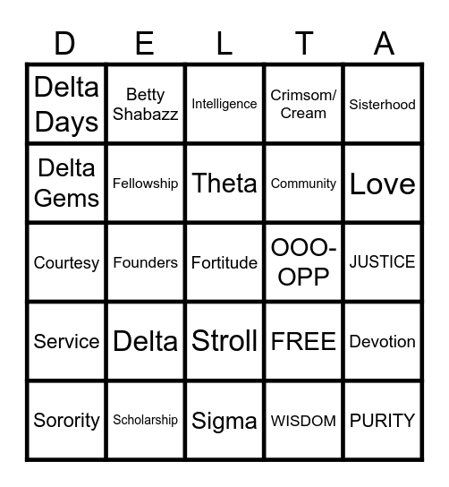 Delta Sigma Theta Sisterhood Bingo Card