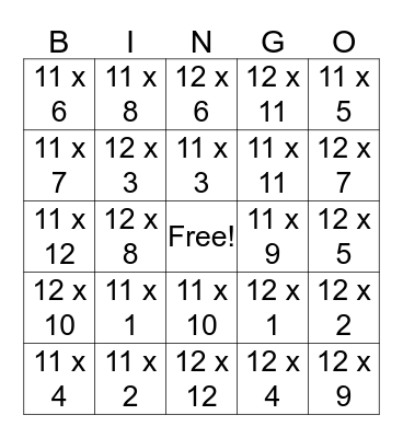 11 and 12 Multiplication Bingo Card
