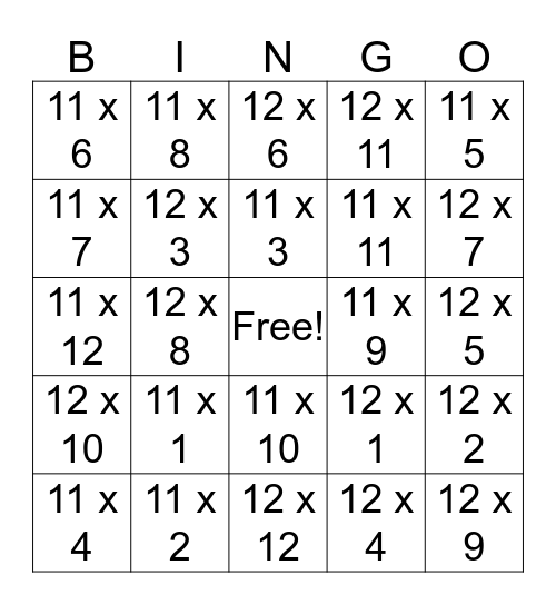11 and 12 Multiplication Bingo Card