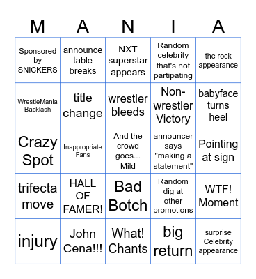 WrestleMania 38 Bingo Card