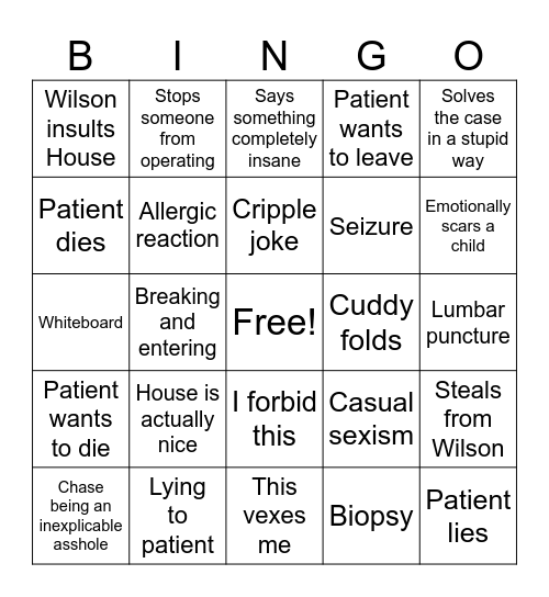 House M.D. Bingo Card