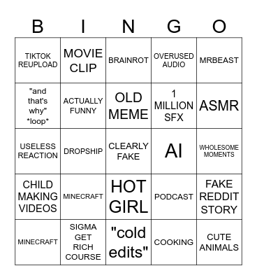 YouTube Shorts Bingo Card
