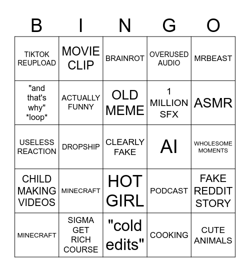 YouTube Shorts Bingo Card