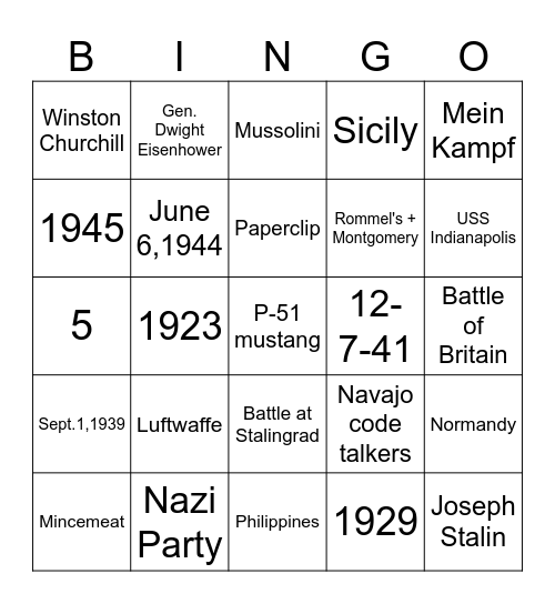 WW2 Bingo Card