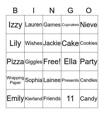 Sophia's 11th Birthday Bingo Card