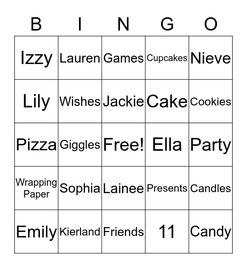 Sophia's 11th Birthday Bingo Card