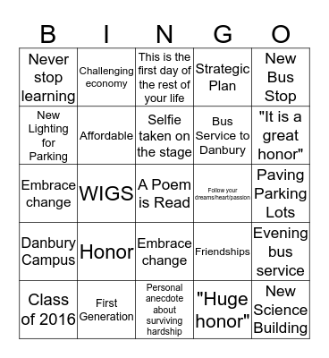 NVCC Graduation 2016 Bingo Card