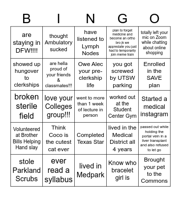 UTW Medical School BINGO Card