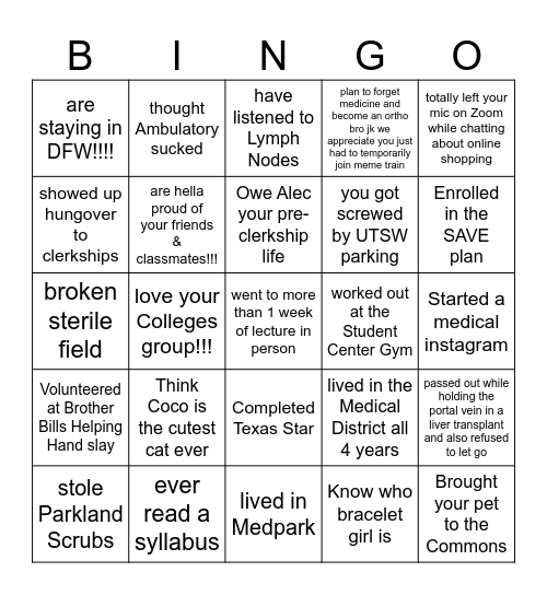 UTW Medical School BINGO Card