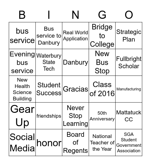 NVCC Graduation 2016 Bingo Card