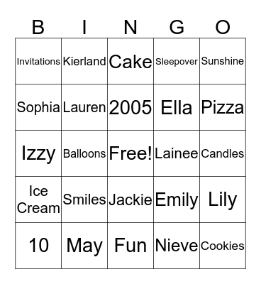 Sophia's 11th Birthday Bingo Card