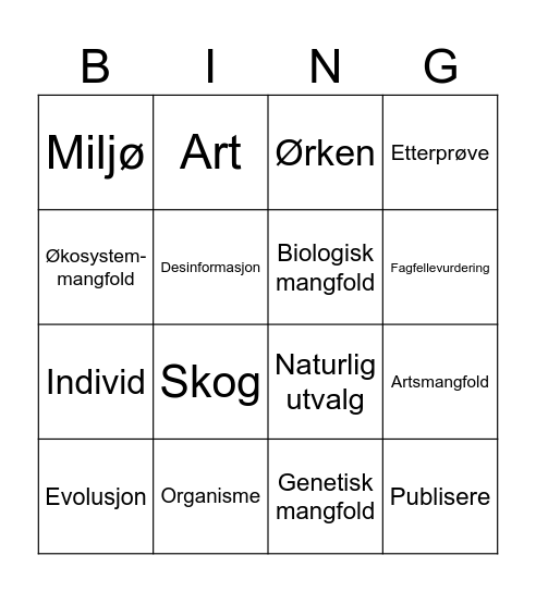 Evolusjon og biologisk mangfold Bingo Card