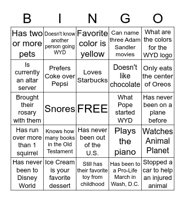 WYD GETTING TO KNOW YOU BINGO Card