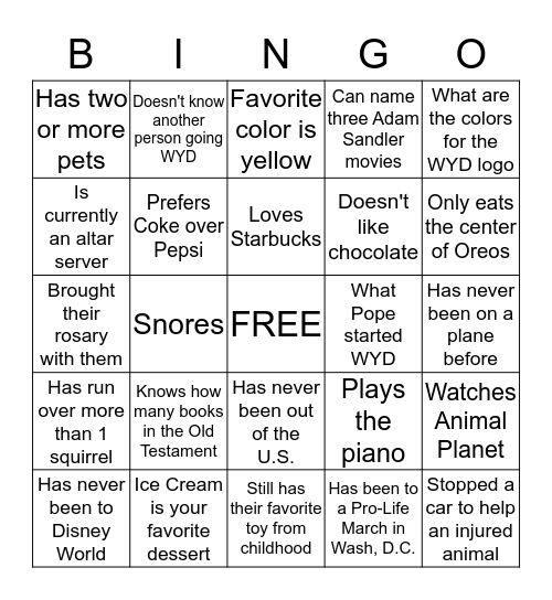 WYD GETTING TO KNOW YOU BINGO Card