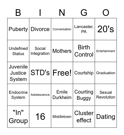 Adolescence Bingo Card