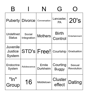 Adolescence Bingo Card