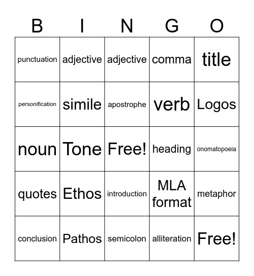 English Bingo Card