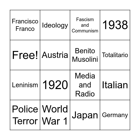 Totalitarianism Bingo Card