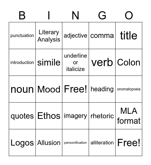 English Bingo Card