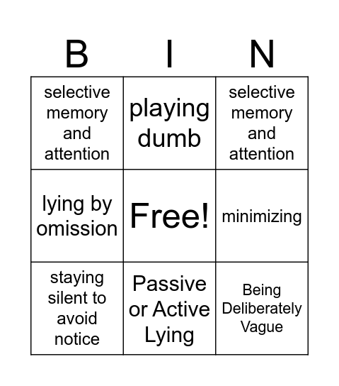 Avoidance Strategies Bingo Card