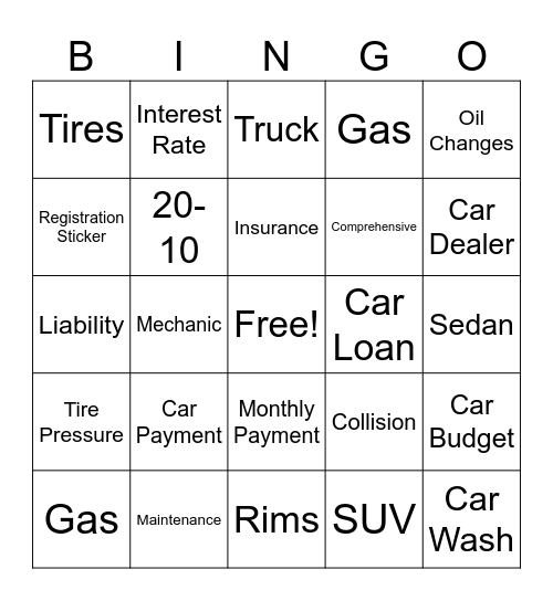 Car Buying Bingo Card