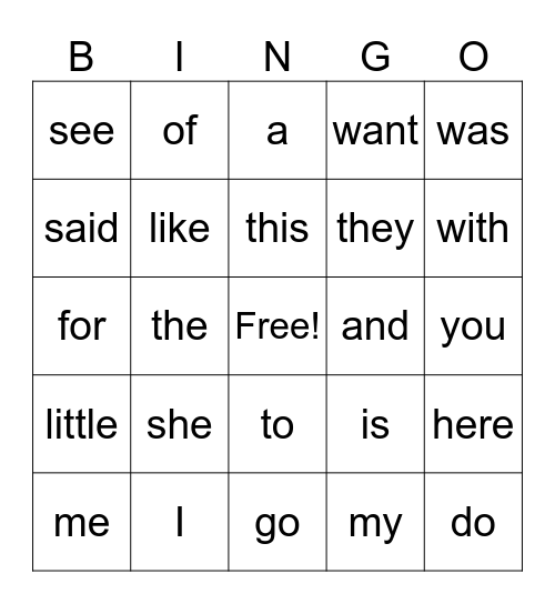 Sight Word BINGO Card