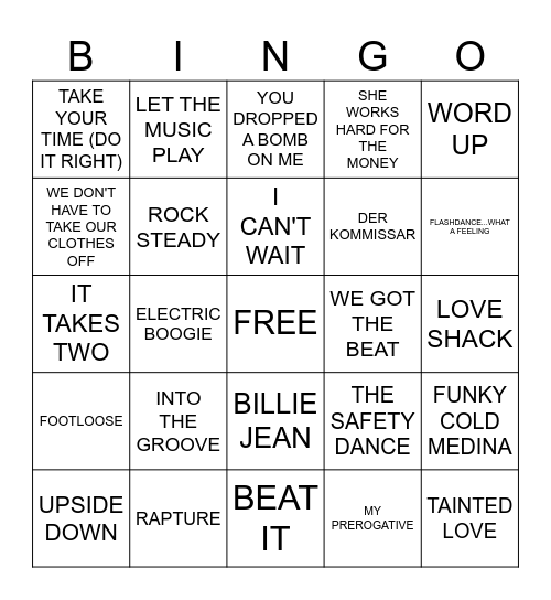 80'S DD DANCE PARTY Bingo Card