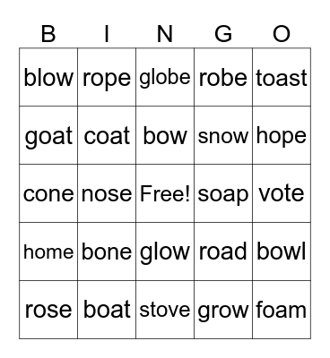 Long vowel 'O' words Bingo Card