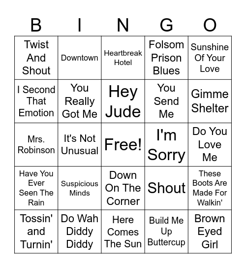 1960s Hits Bingo Card