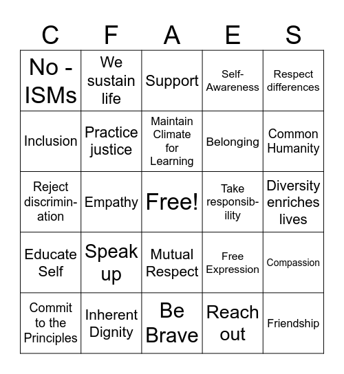 Principles of Community BINGO Card