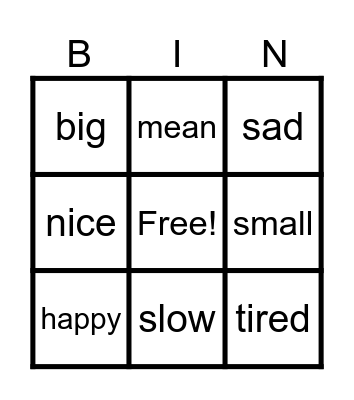 Synonym Bingo Card