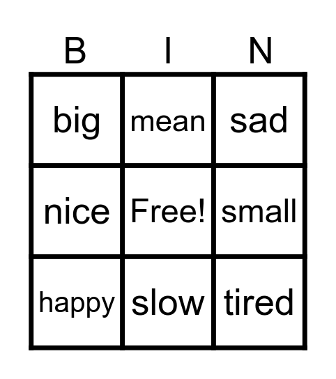Synonym Bingo Card