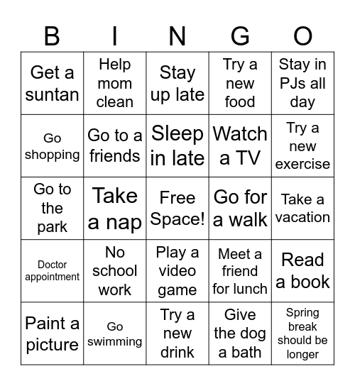 Teacher Spring Break Bingo Card