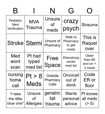 Pharmacy Bingo Card