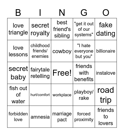 Romance Trope Bingo Card