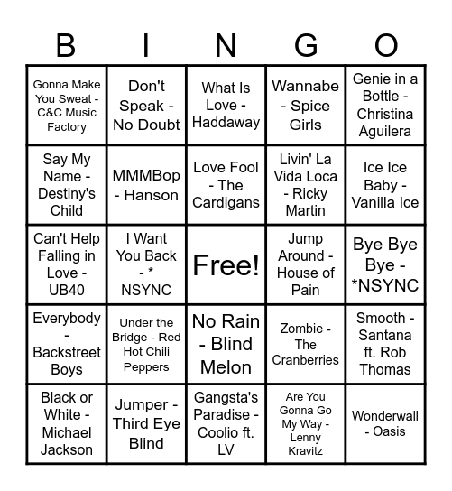 Music Bingo 90's Round #1 Bingo Card