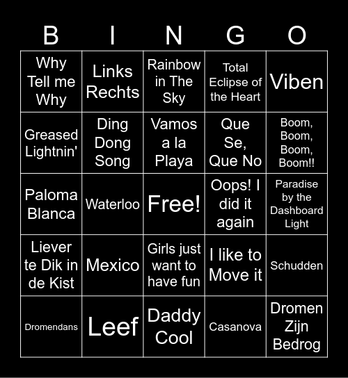 Foute Muziek Bingo Card