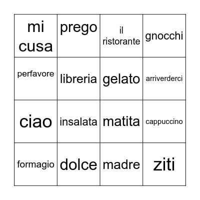 Italian Bingo Card