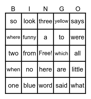 Sight Words Bingo Card