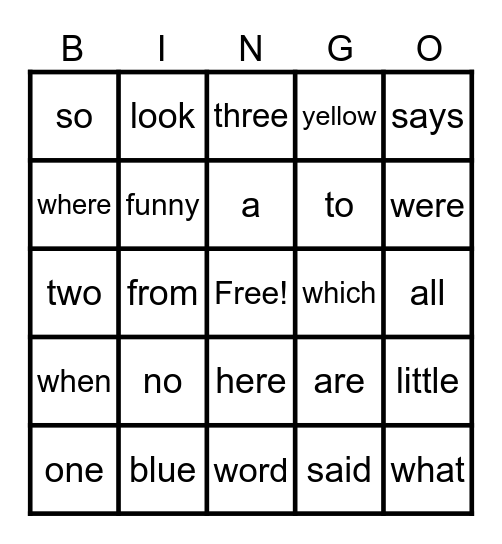 Sight Words Bingo Card