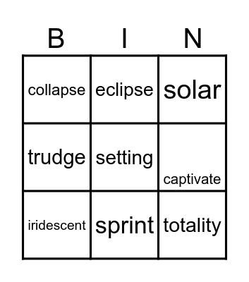 Kate and Solar Eclipse Words Bingo Card