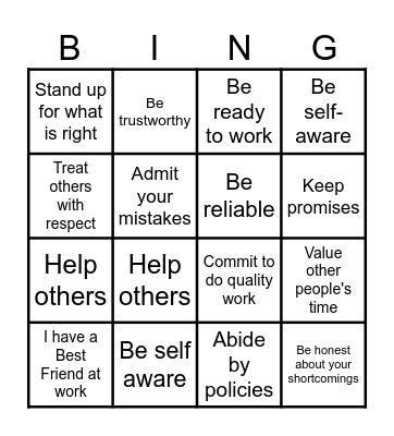 Integrity Bingo Card