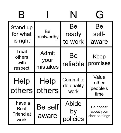 Integrity Bingo Card