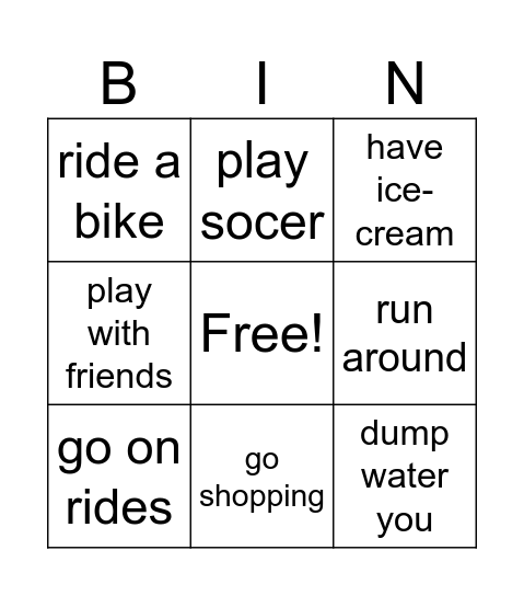fun things to do in summer Bingo Card