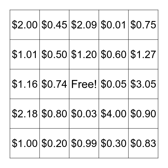 Money Bingo Card