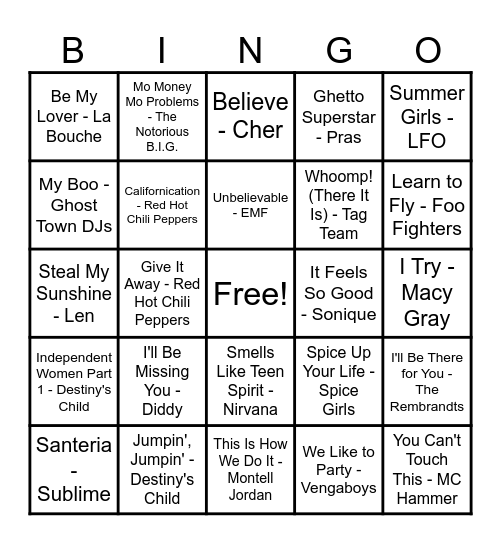 Music Bingo 90's Round #2 Bingo Card