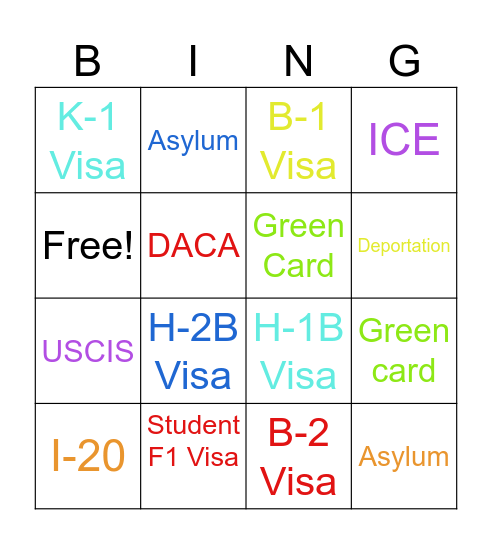 Immigration Bingo Card